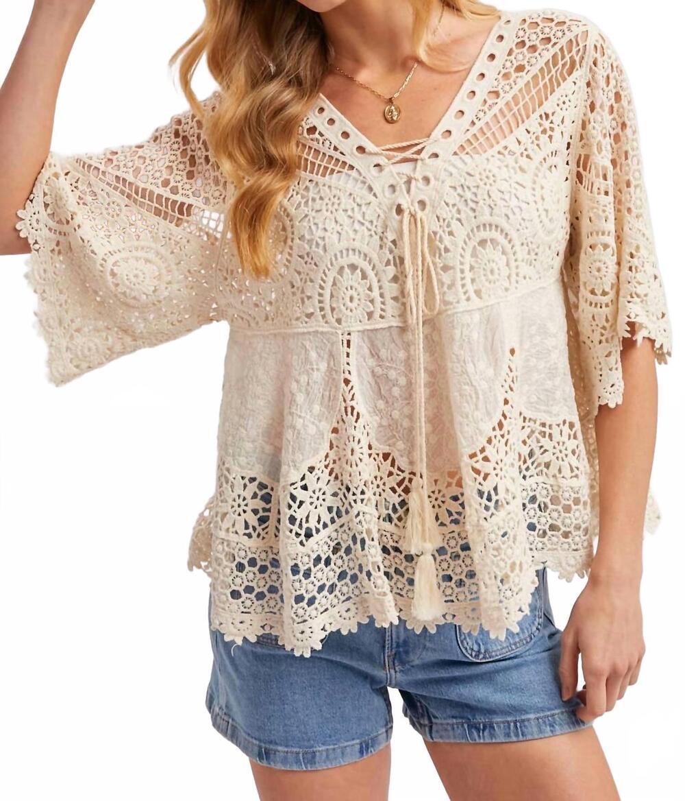 NEW BLUIVY boho sheer crochet lace top with tassels in natural